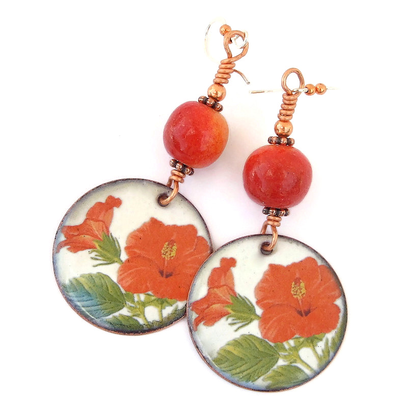 Red Hibiscus Flowers Earrings, Apple Coral Tropical Handmade Jewelry